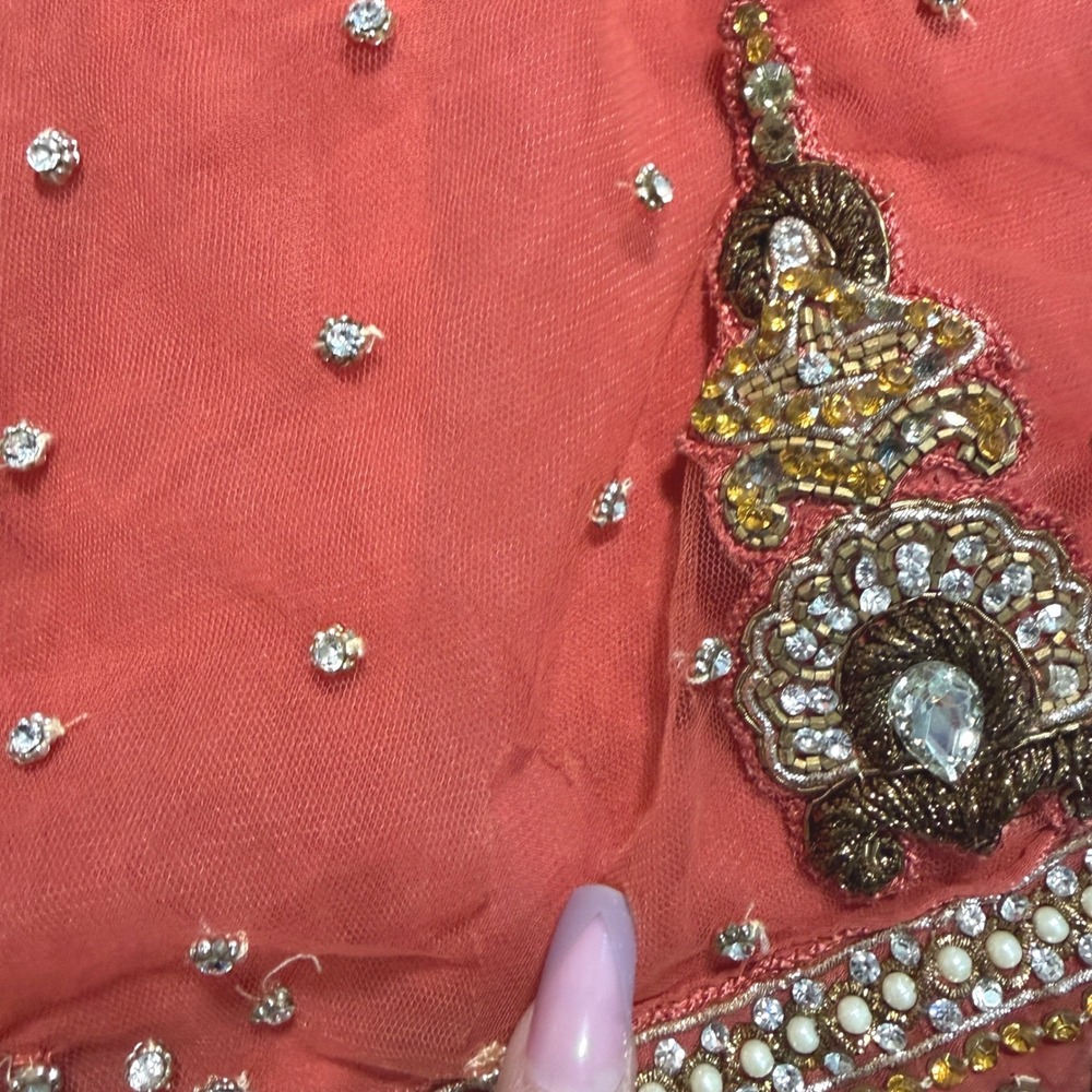 Vintage Indian Sharara Pants Coral Orange Beaded Embroidered Wide Leg Palazzo - Picture 5 of 9